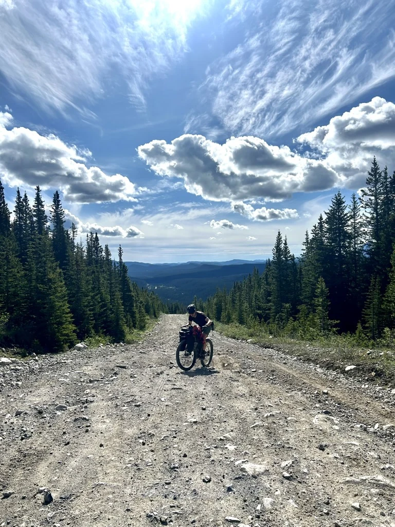 Bikepacker climbing a rough rocky road in the Cardinal Divide